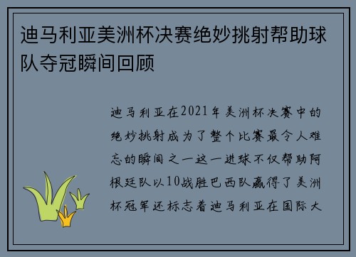 迪马利亚美洲杯决赛绝妙挑射帮助球队夺冠瞬间回顾