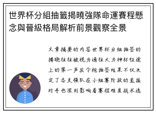 世界杯分組抽籤揭曉強隊命運賽程懸念與晉級格局解析前景觀察全景