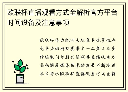 欧联杯直播观看方式全解析官方平台时间设备及注意事项 欧联杯直播观看方式全解析官方平台时间设备及注意事项